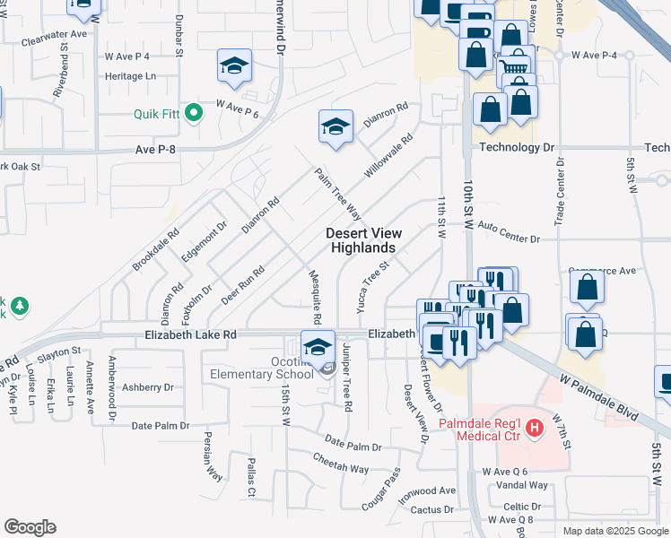 map of restaurants, bars, coffee shops, grocery stores, and more near 38881 Juniper Tree Road in Palmdale