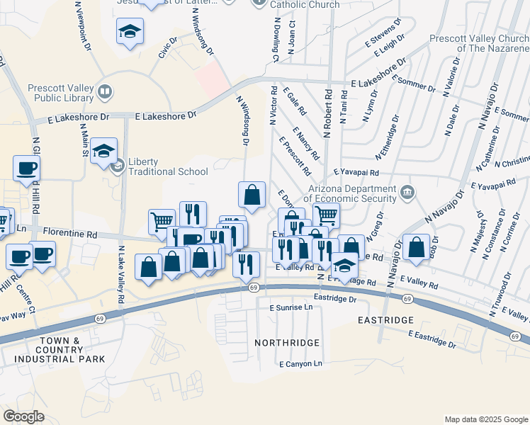 map of restaurants, bars, coffee shops, grocery stores, and more near 3253 North Windsong Drive in Prescott Valley
