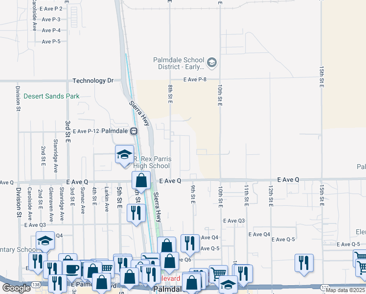 map of restaurants, bars, coffee shops, grocery stores, and more near 38932 8th Street East in Palmdale