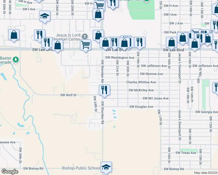 map of restaurants, bars, coffee shops, grocery stores, and more near 2113 Southwest McKinley Avenue in Lawton