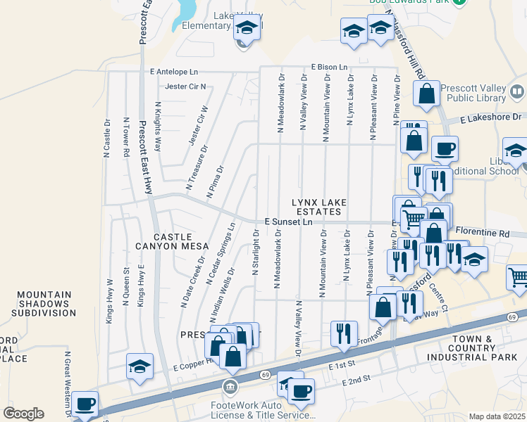 map of restaurants, bars, coffee shops, grocery stores, and more near 3225 North Starlight Drive in Prescott Valley