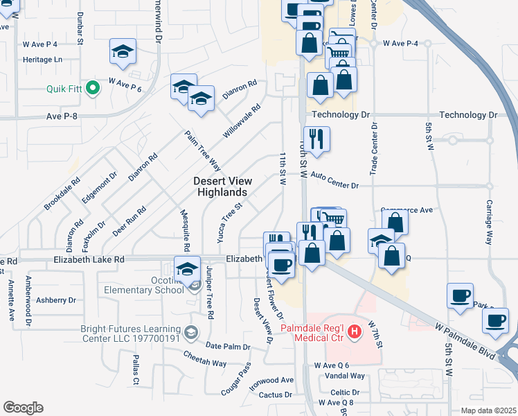 map of restaurants, bars, coffee shops, grocery stores, and more near 38907 Palm Tree Way in Palmdale