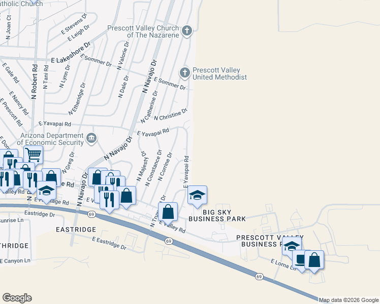 map of restaurants, bars, coffee shops, grocery stores, and more near 3249 East Yavapai Road in Prescott Valley