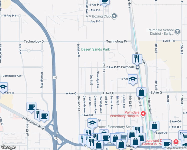 map of restaurants, bars, coffee shops, grocery stores, and more near 38941 Stanridge Avenue in Palmdale