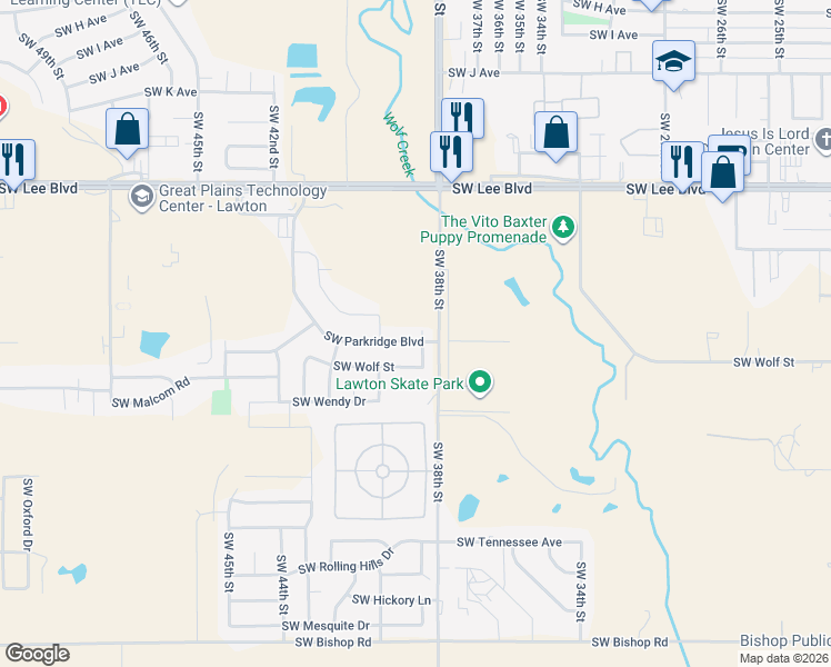 map of restaurants, bars, coffee shops, grocery stores, and more near 3901 Southwest Parkridge Boulevard in Lawton
