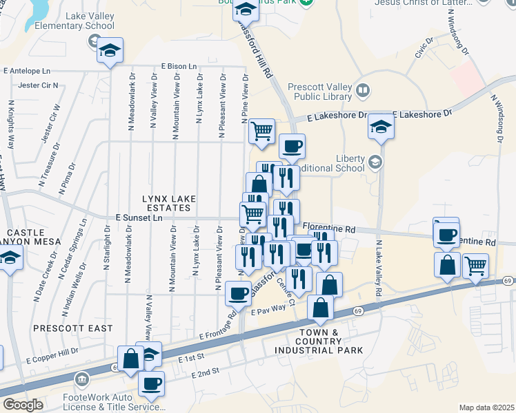 map of restaurants, bars, coffee shops, grocery stores, and more near 3280 North Glassford Hill Road in Prescott Valley