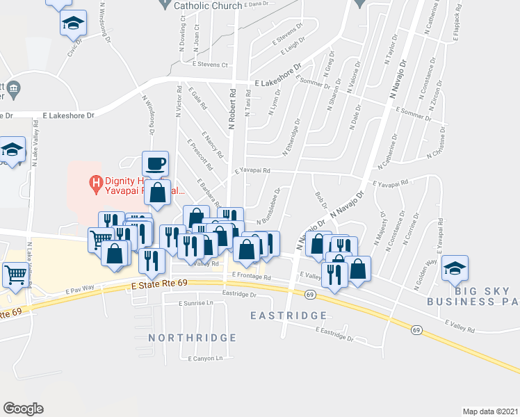 map of restaurants, bars, coffee shops, grocery stores, and more near 3217 North Hedgewood Drive in Prescott Valley