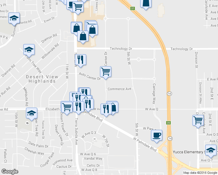 map of restaurants, bars, coffee shops, grocery stores, and more near 38940 Trade Center Dr in Palmdale