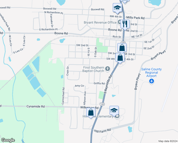 map of restaurants, bars, coffee shops, grocery stores, and more near 598 Sanders Lane in Bryant
