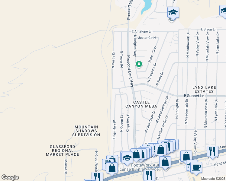 map of restaurants, bars, coffee shops, grocery stores, and more near 6001 East Sunset Lane in Prescott Valley