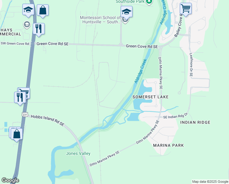 map of restaurants, bars, coffee shops, grocery stores, and more near 1620 Green Cove Circle Southeast in Huntsville