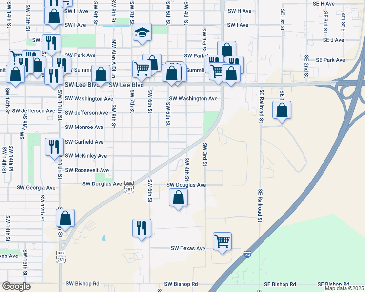 map of restaurants, bars, coffee shops, grocery stores, and more near 1601 Southwest 4th Street in Lawton