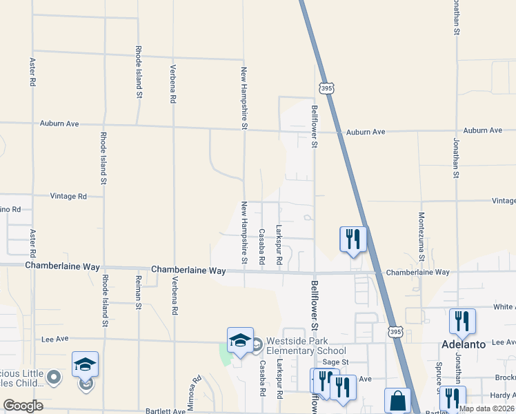 map of restaurants, bars, coffee shops, grocery stores, and more near 18617 Casaba Road in Adelanto