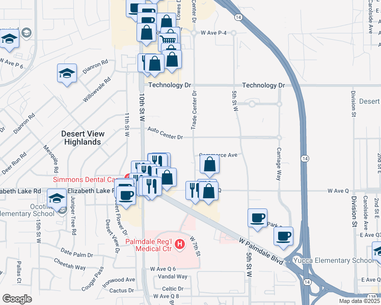 map of restaurants, bars, coffee shops, grocery stores, and more near 38930 Trade Center Drive in Palmdale