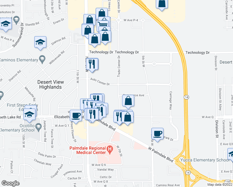 map of restaurants, bars, coffee shops, grocery stores, and more near 38930 Trade Center Drive in Palmdale