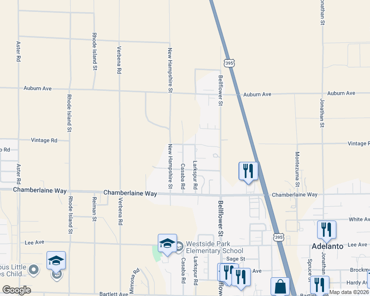 map of restaurants, bars, coffee shops, grocery stores, and more near 18617 Casaba Road in Adelanto