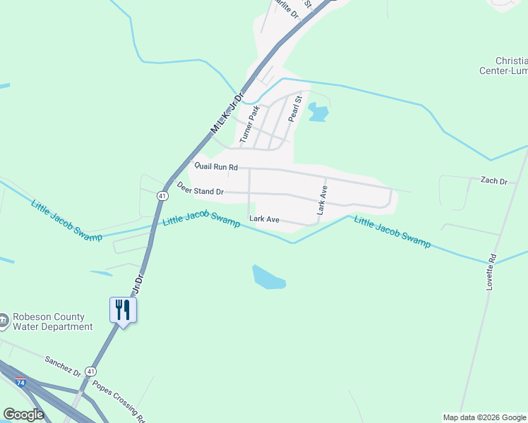 map of restaurants, bars, coffee shops, grocery stores, and more near 221 Lark Ave in Lumberton