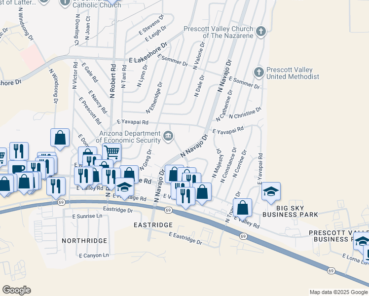 map of restaurants, bars, coffee shops, grocery stores, and more near 3244 North Navajo Drive in Prescott Valley