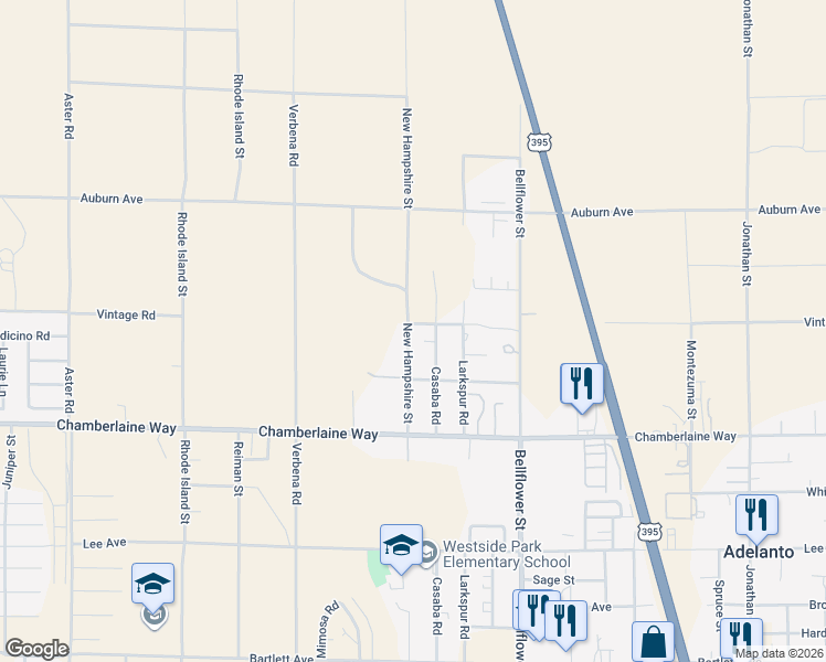 map of restaurants, bars, coffee shops, grocery stores, and more near 11155 Vintage Road in Adelanto