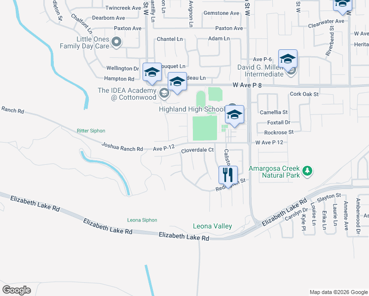 map of restaurants, bars, coffee shops, grocery stores, and more near 2737 Cloverdale Court in Palmdale