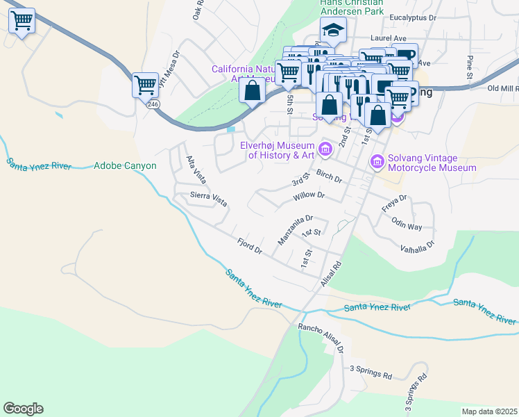 map of restaurants, bars, coffee shops, grocery stores, and more near 134 3rd Street in Solvang