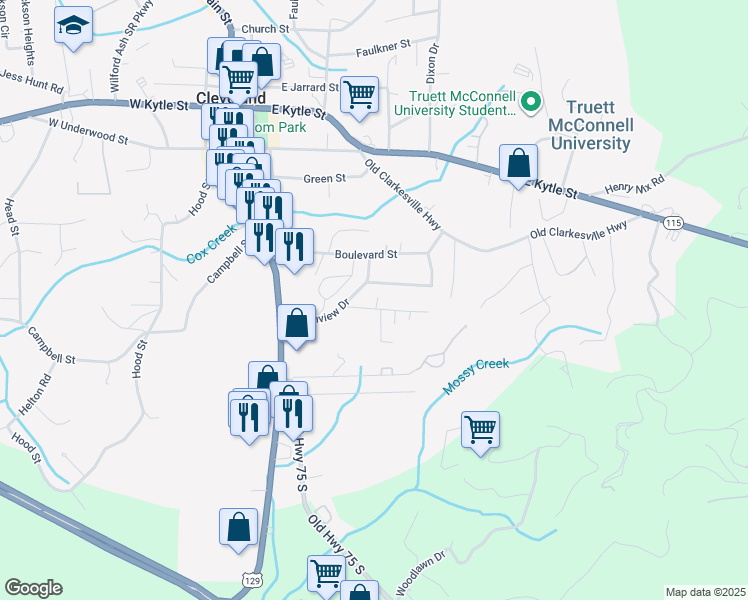 map of restaurants, bars, coffee shops, grocery stores, and more near 79 Pine Crest Circle in Cleveland