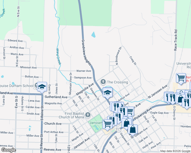 map of restaurants, bars, coffee shops, grocery stores, and more near 201 Grandview Heights in Mena