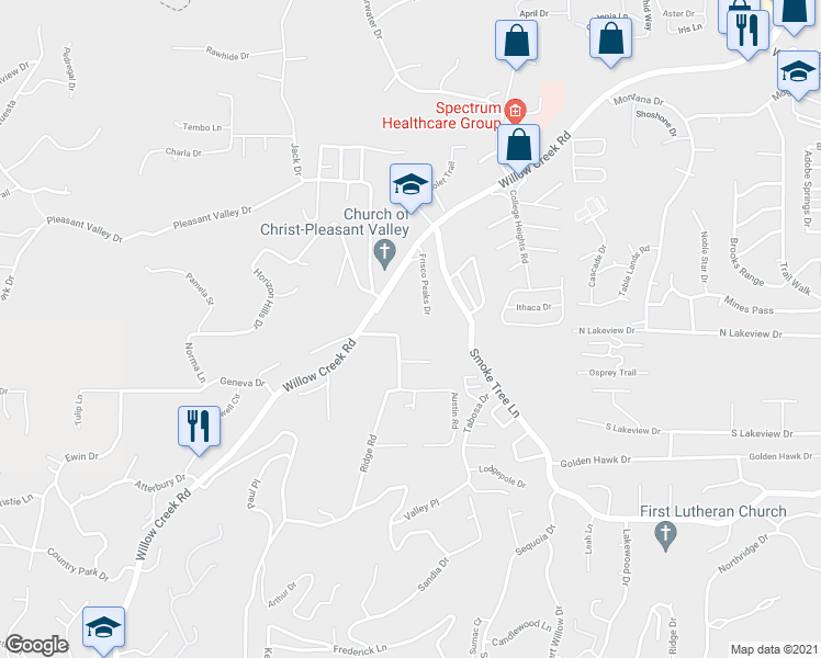 map of restaurants, bars, coffee shops, grocery stores, and more near 2802 Frisco Peaks Drive in Prescott
