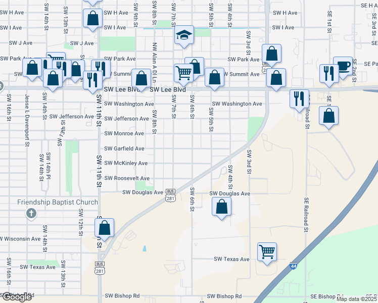 map of restaurants, bars, coffee shops, grocery stores, and more near 1601 Southwest 6th Street in Lawton
