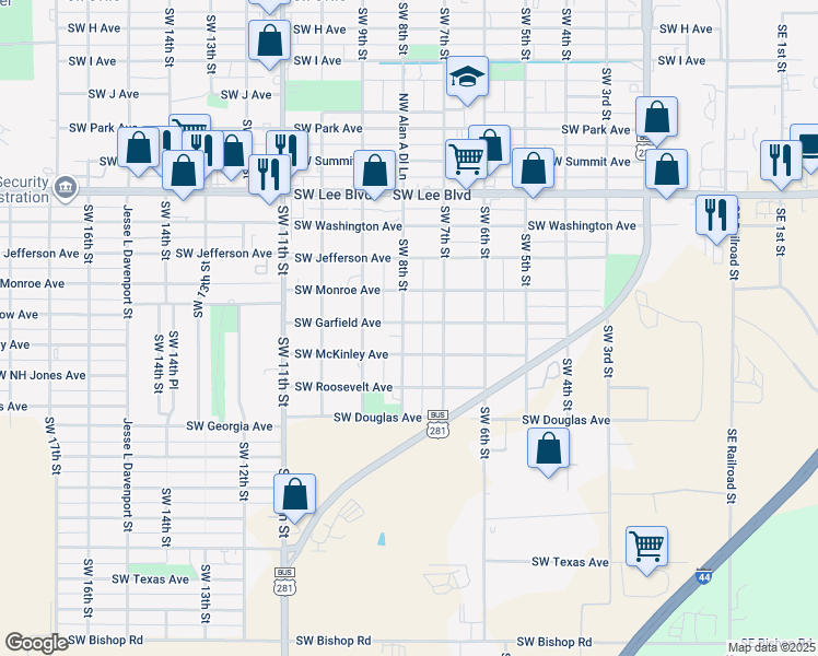 map of restaurants, bars, coffee shops, grocery stores, and more near 1602 Southwest 8th Street in Lawton