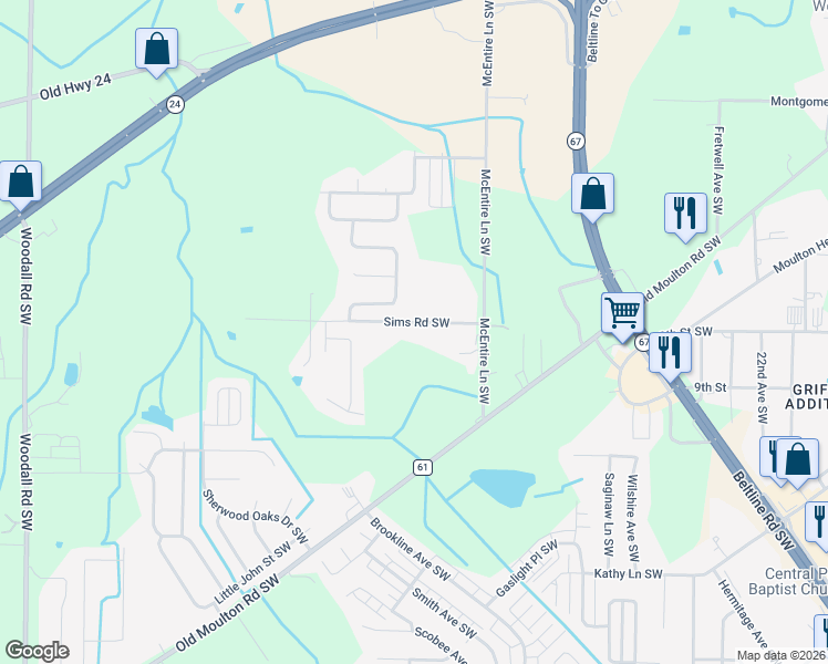 map of restaurants, bars, coffee shops, grocery stores, and more near 80 Sims Road Southwest in Decatur