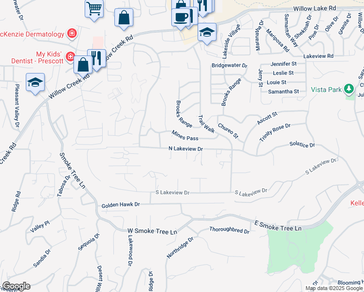 map of restaurants, bars, coffee shops, grocery stores, and more near 786 North Lakeview Drive in Prescott