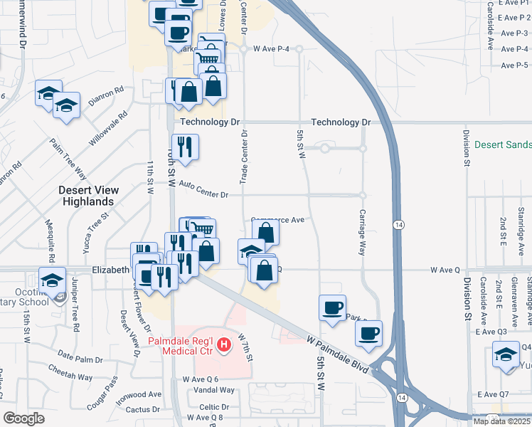 map of restaurants, bars, coffee shops, grocery stores, and more near 635 Commerce Avenue in Palmdale