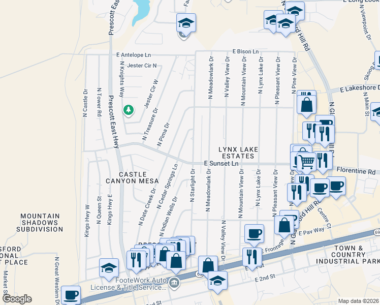map of restaurants, bars, coffee shops, grocery stores, and more near 3240 N Starlight Dr in Prescott Valley