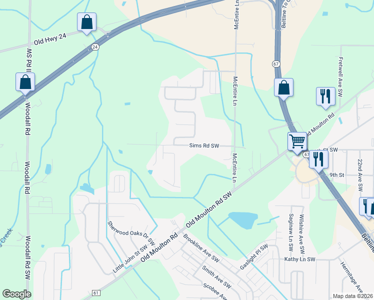 map of restaurants, bars, coffee shops, grocery stores, and more near 120 Sims Road Southwest in Decatur
