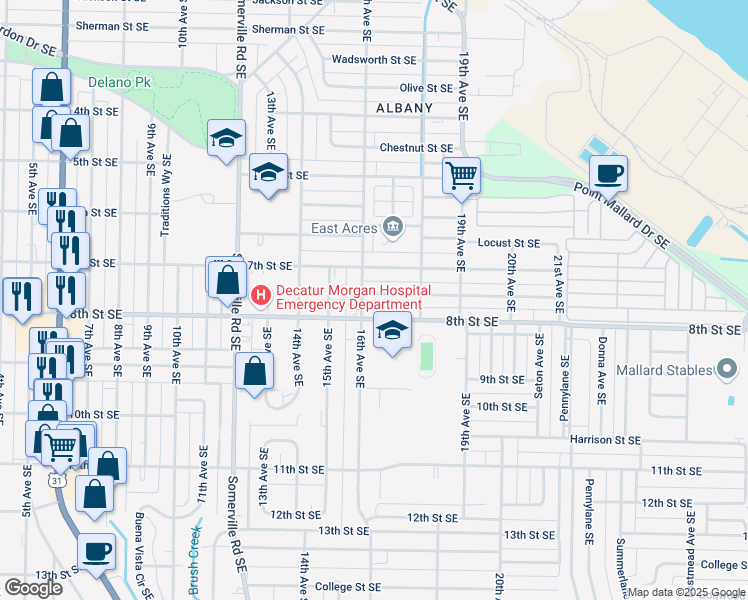 map of restaurants, bars, coffee shops, grocery stores, and more near 1605 Enolam Boulevard Southeast in Decatur