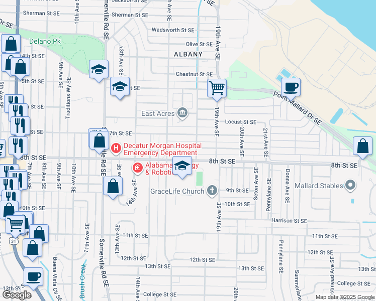 map of restaurants, bars, coffee shops, grocery stores, and more near 1629 Enolam Boulevard Southeast in Decatur