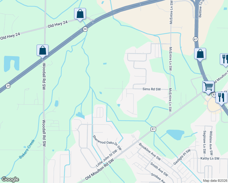 map of restaurants, bars, coffee shops, grocery stores, and more near 234 Sims Road Southwest in Decatur