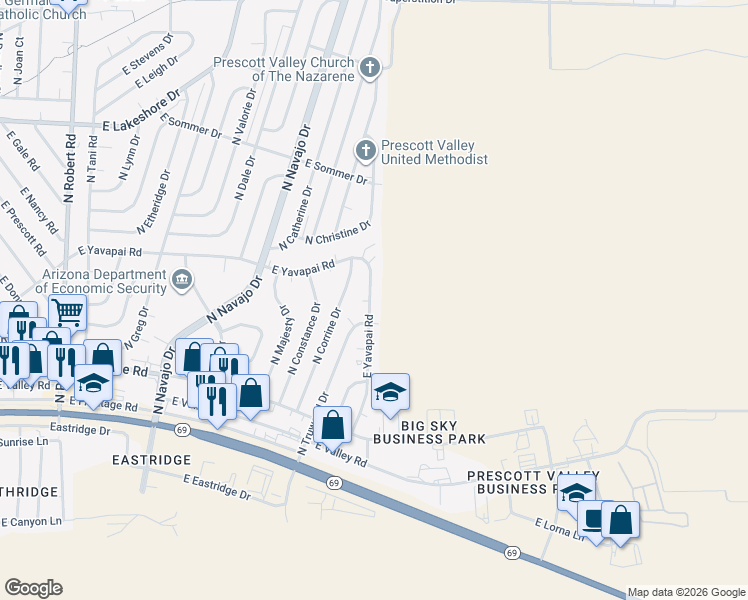 map of restaurants, bars, coffee shops, grocery stores, and more near 3249 East Yavapai Road in Prescott Valley