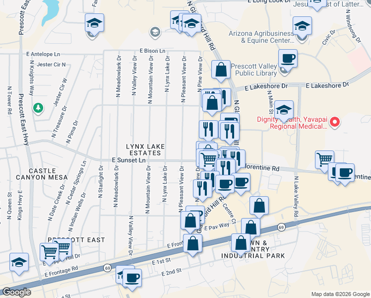 map of restaurants, bars, coffee shops, grocery stores, and more near 3249 North Pleasant View Drive in Prescott Valley