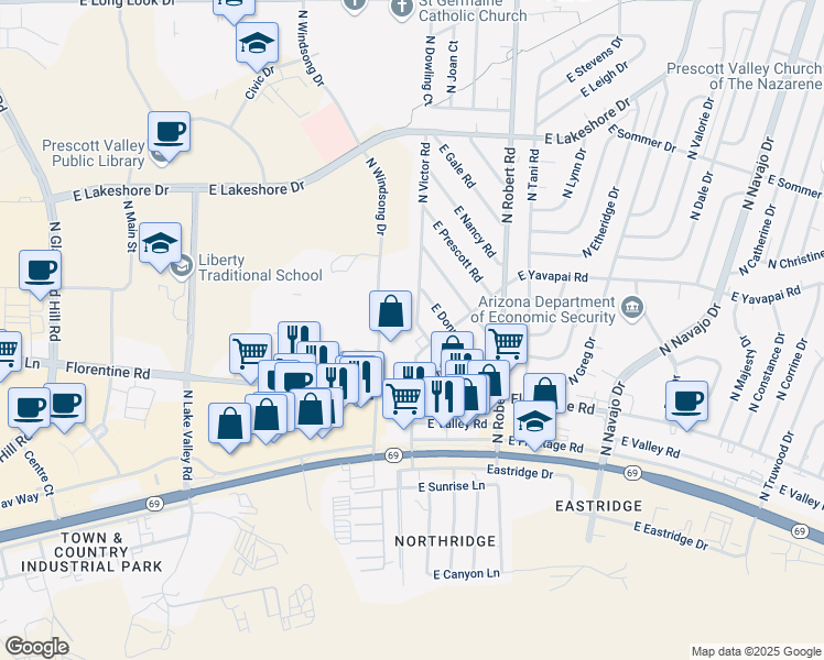 map of restaurants, bars, coffee shops, grocery stores, and more near 3253 North Windsong Drive in Prescott Valley