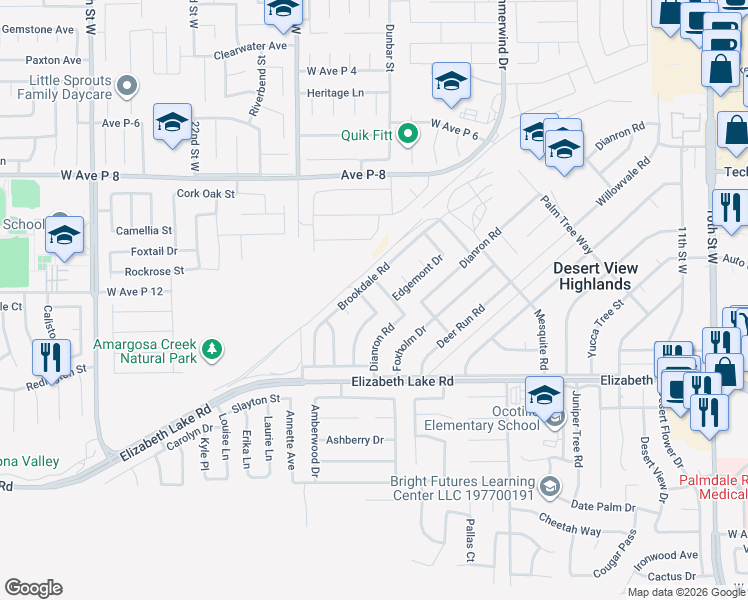 map of restaurants, bars, coffee shops, grocery stores, and more near 38936 Glenwood Drive in Palmdale