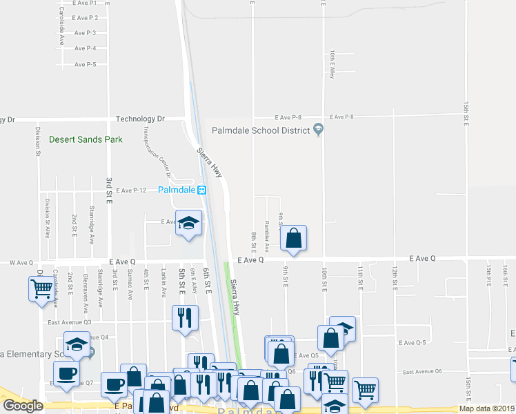 map of restaurants, bars, coffee shops, grocery stores, and more near 38932 8th Street East in Palmdale