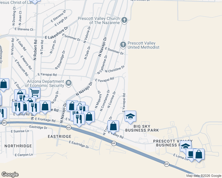 map of restaurants, bars, coffee shops, grocery stores, and more near 3241 North Constance Drive in Prescott Valley