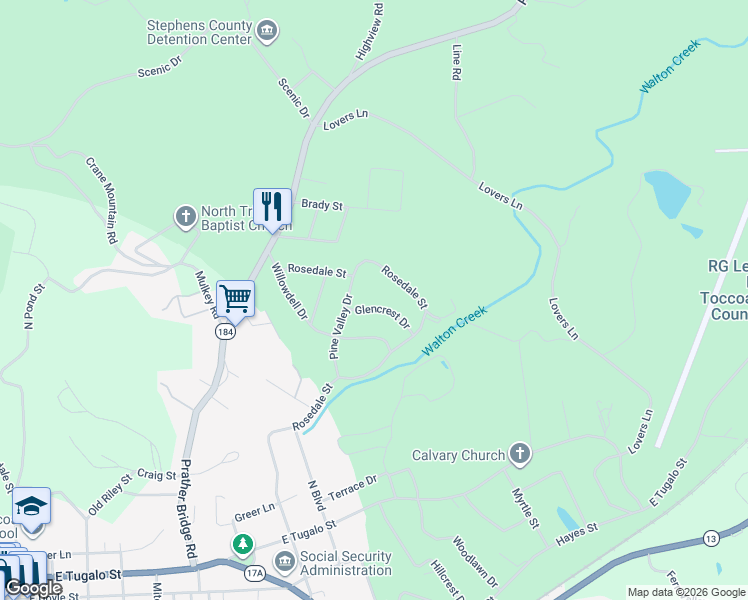 map of restaurants, bars, coffee shops, grocery stores, and more near 69 Glencrest Drive in Toccoa