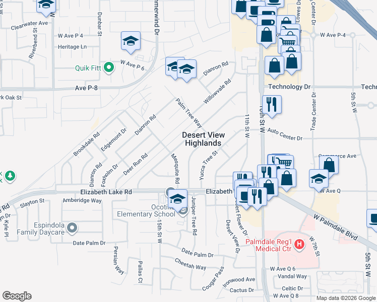 map of restaurants, bars, coffee shops, grocery stores, and more near 38899 Juniper Tree Road in Palmdale