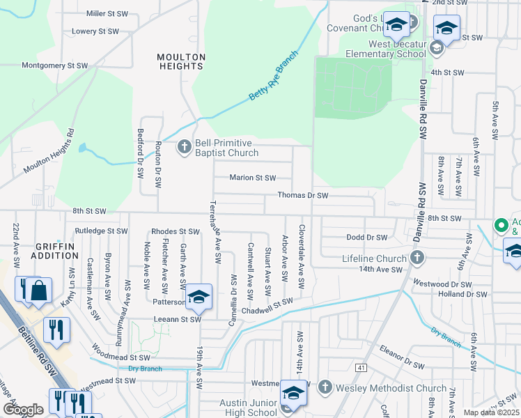 map of restaurants, bars, coffee shops, grocery stores, and more near 1510 8th Street Southwest in Decatur