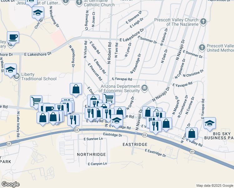 map of restaurants, bars, coffee shops, grocery stores, and more near 3233 North Tani Road in Prescott Valley
