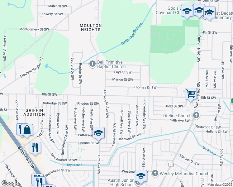 map of restaurants, bars, coffee shops, grocery stores, and more near 1612 8th Street Southwest in Decatur