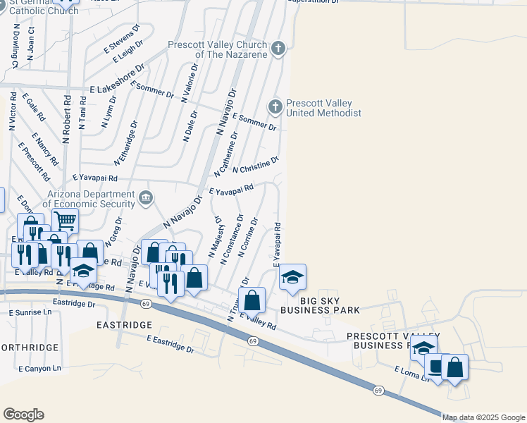 map of restaurants, bars, coffee shops, grocery stores, and more near 3247 North Corrine Drive in Prescott Valley
